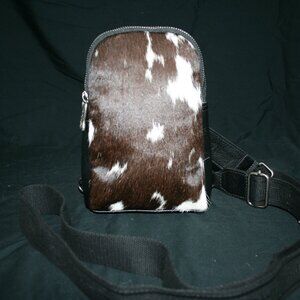 Trinity Ranch, black leather, brown and white genuine cowhide, sling bag